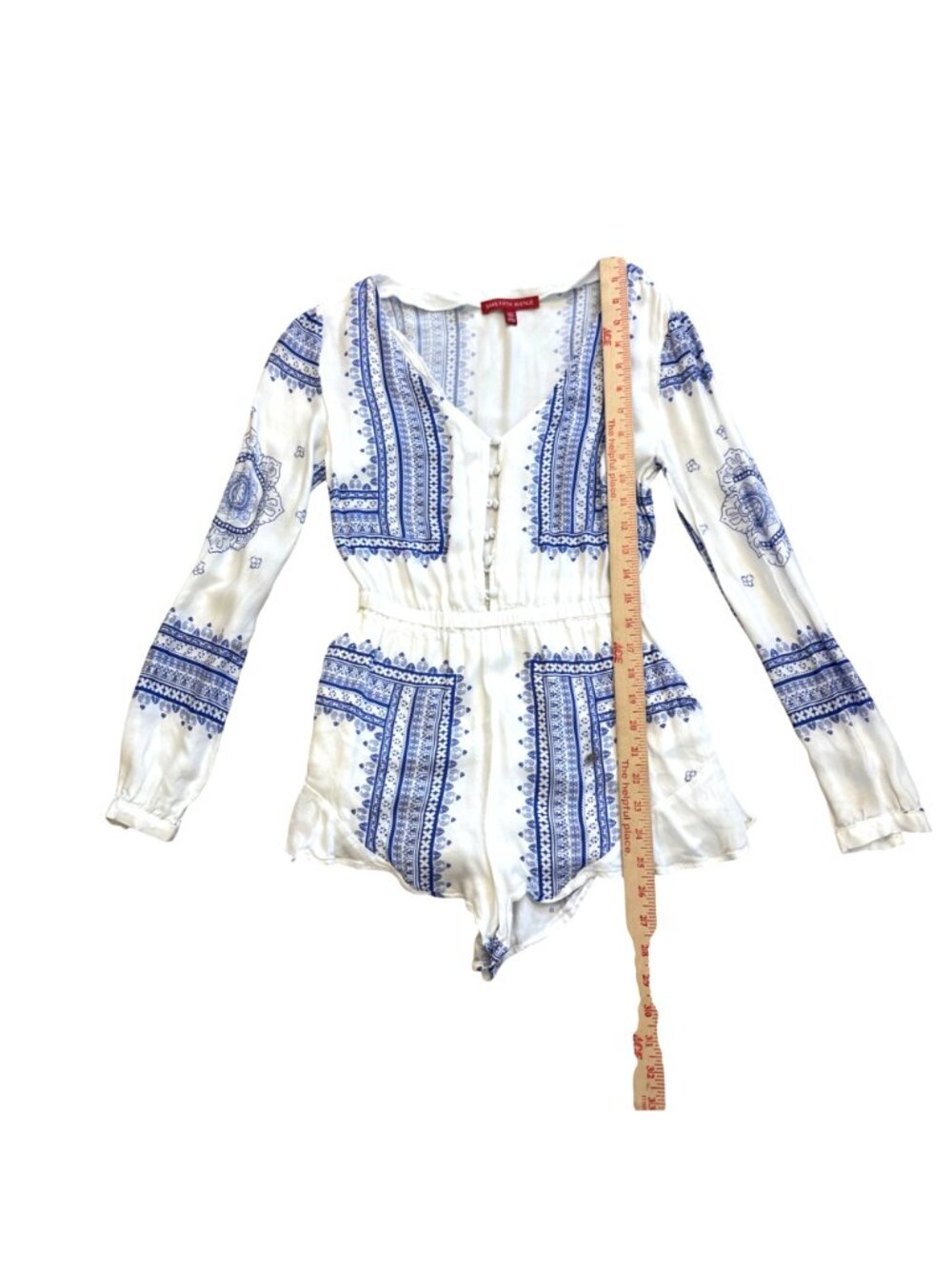 Saks Fifth Avenue Women's Button Front Romper XS White Blue Scarf Print Boho - Picture 6 of 8